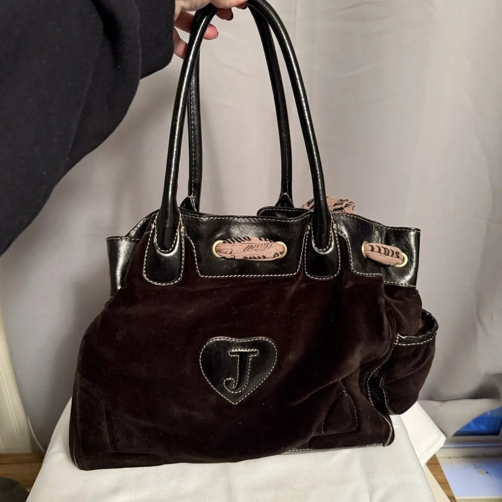 Vintage Juicy Couture Daydreamer Velour Brown Flower Appliqué Tote Bag Purse Bow